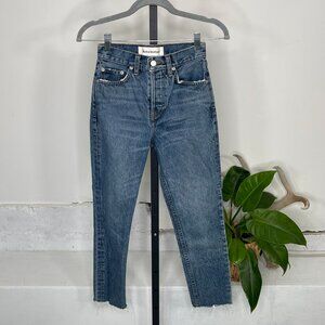 Reformation Ankle Jeans 23 Blue Denim Raw Hem Mid Rise Zip Fly USA Made Outdoor
